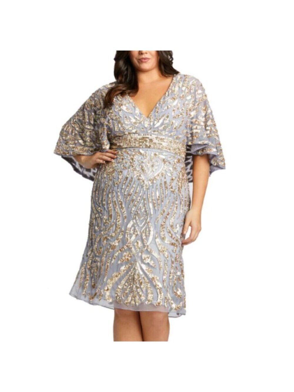 Mac Duggal Embellished Cape Sleeve Platinum/ Gold Gown Dress Size 14W